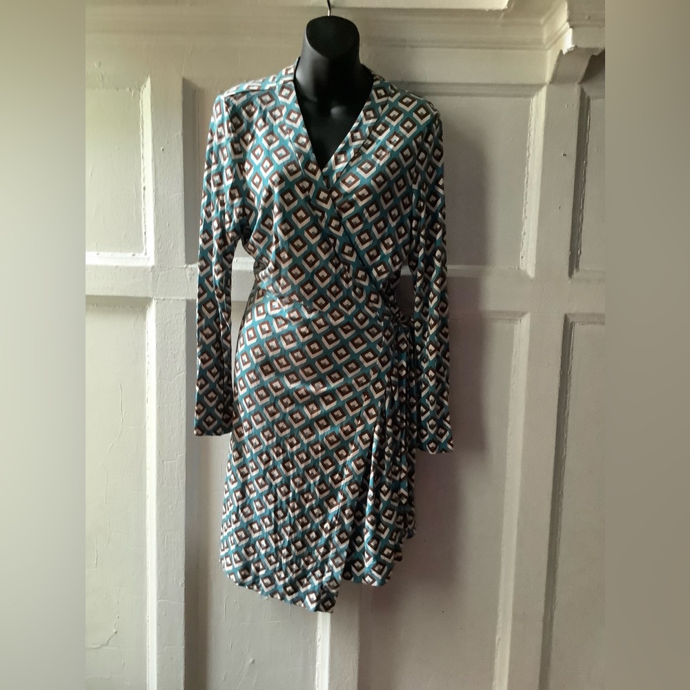Diane Von Furstenberg Teal, Brown & White Geometric Wrap Dress